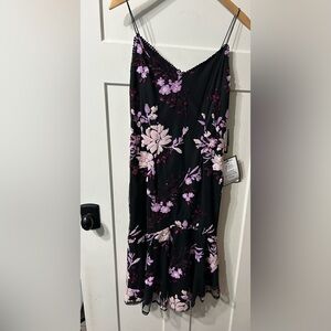 Adrianna Papell Tea Length Floral Sequin Slip Dress Black Women’s Size 6
